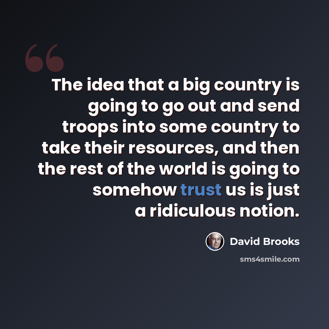 “The idea that a big country is going to go out and send troops into some country to take their resources, and then the rest of the world is going to somehow trust us is just a ridiculous notion.” quote by David Brooks