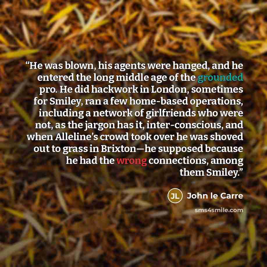 “He was blown, his agents were hanged, and he entered the long middle age of the grounded pro. He did hackwork in London, sometimes for Smiley, ran a few home-based operations, including a network of girlfriends who were not, as the jargon has it, inter-conscious, and when Alleline’s crowd took…” quote by John le Carré
