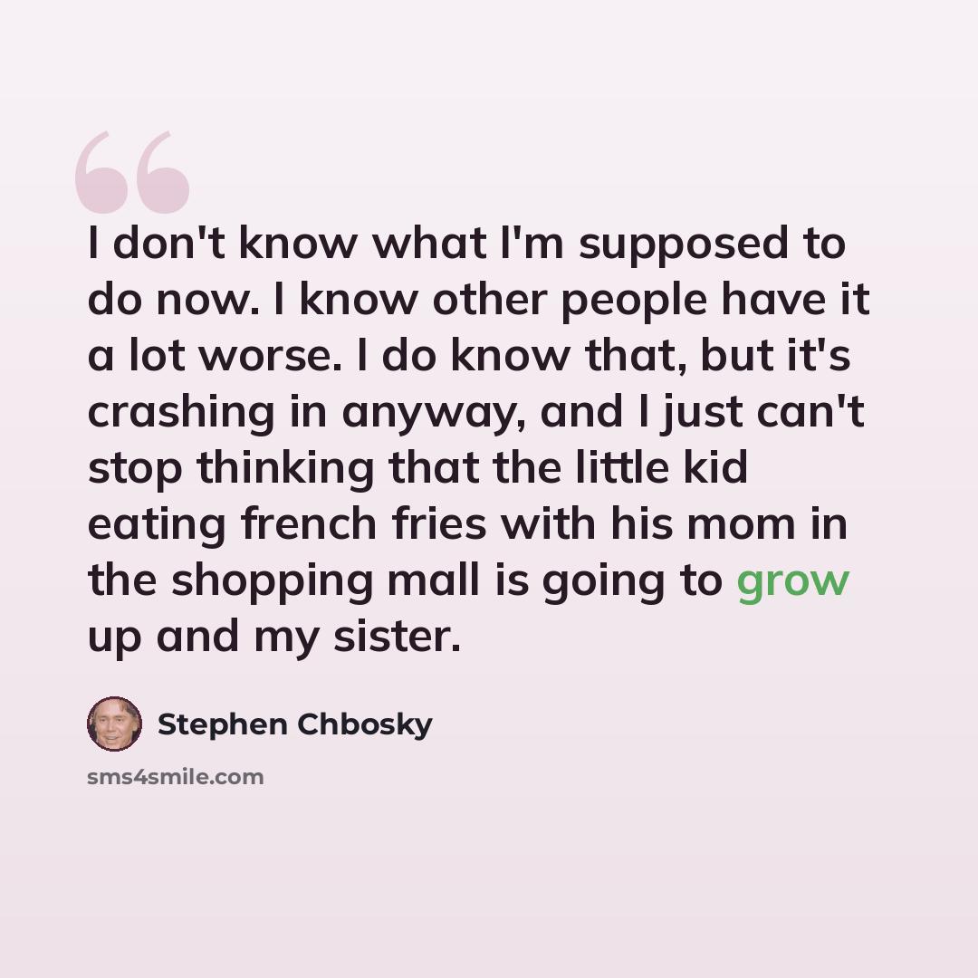 “I don't know what I'm supposed to do now. I know other people have it a lot worse. I do know that, but it's crashing in anyway, and I just can't stop thinking that the little kid eating french fries with his mom in the shopping mall is going to grow up and my sister.” quote by Stephen Chbosky