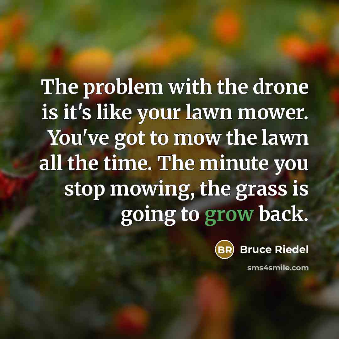 “The problem with the drone is it's like your lawn mower. You've got to mow the lawn all the time. The minute you stop mowing, the grass is going to grow back.” quote by Bruce Riedel