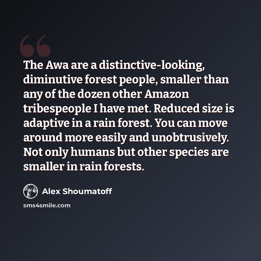 “The Awa are a distinctive-looking, diminutive forest people, smaller than any of the dozen other Amazon tribespeople I have met. Reduced size is adaptive in a rain forest. You can move around more easily and unobtrusively. Not only humans but other species are smaller in rain forests.” quote by Alex Shoumatoff