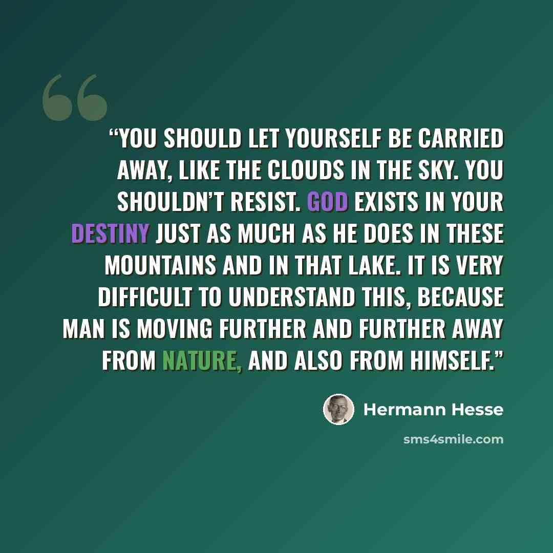 “You should let yourself be carried away, like the clouds in the sky. You shouldn’t resist. God exists in your destiny just as much as he does in these mountains and in that lake. It is very difficult to understand this, because man is moving further and further away from Nature, and also from…” quote by Hermann Hesse