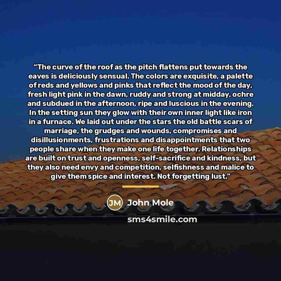“The curve of the roof as the pitch flattens put towards the eaves is deliciously sensual. The colors are exquisite, a palette of reds and yellows and pinks that reflect the mood of the day, fresh light pink in the dawn, ruddy and strong at midday, ochre and subdued in the afternoon, ripe and…” quote by John Mole