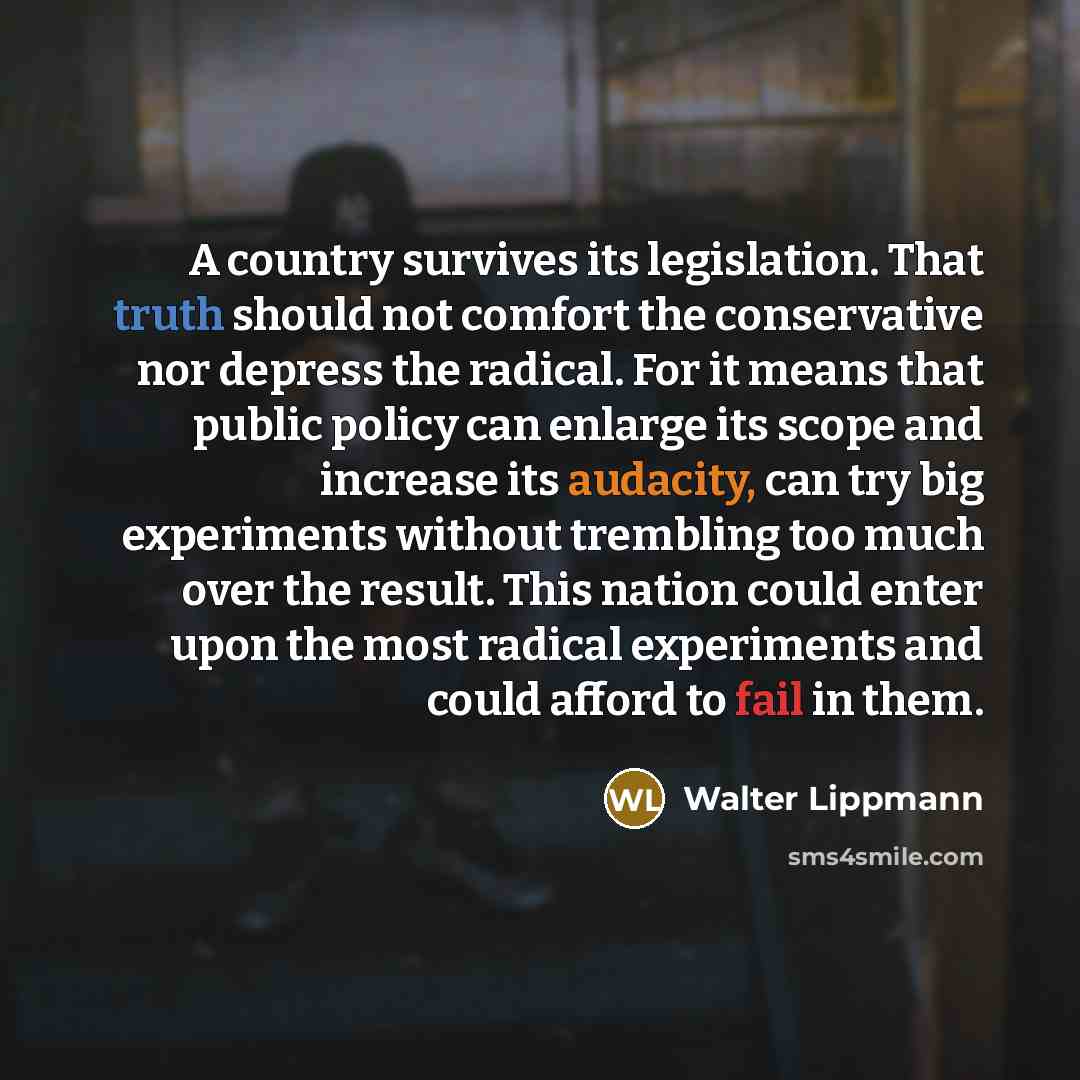“A country survives its legislation. That truth should not comfort the conservative nor depress the radical. For it means that public policy can enlarge its scope and increase its audacity, can try big experiments without trembling too much over the result. This nation could enter upon the most…” quote by Walter Lippmann