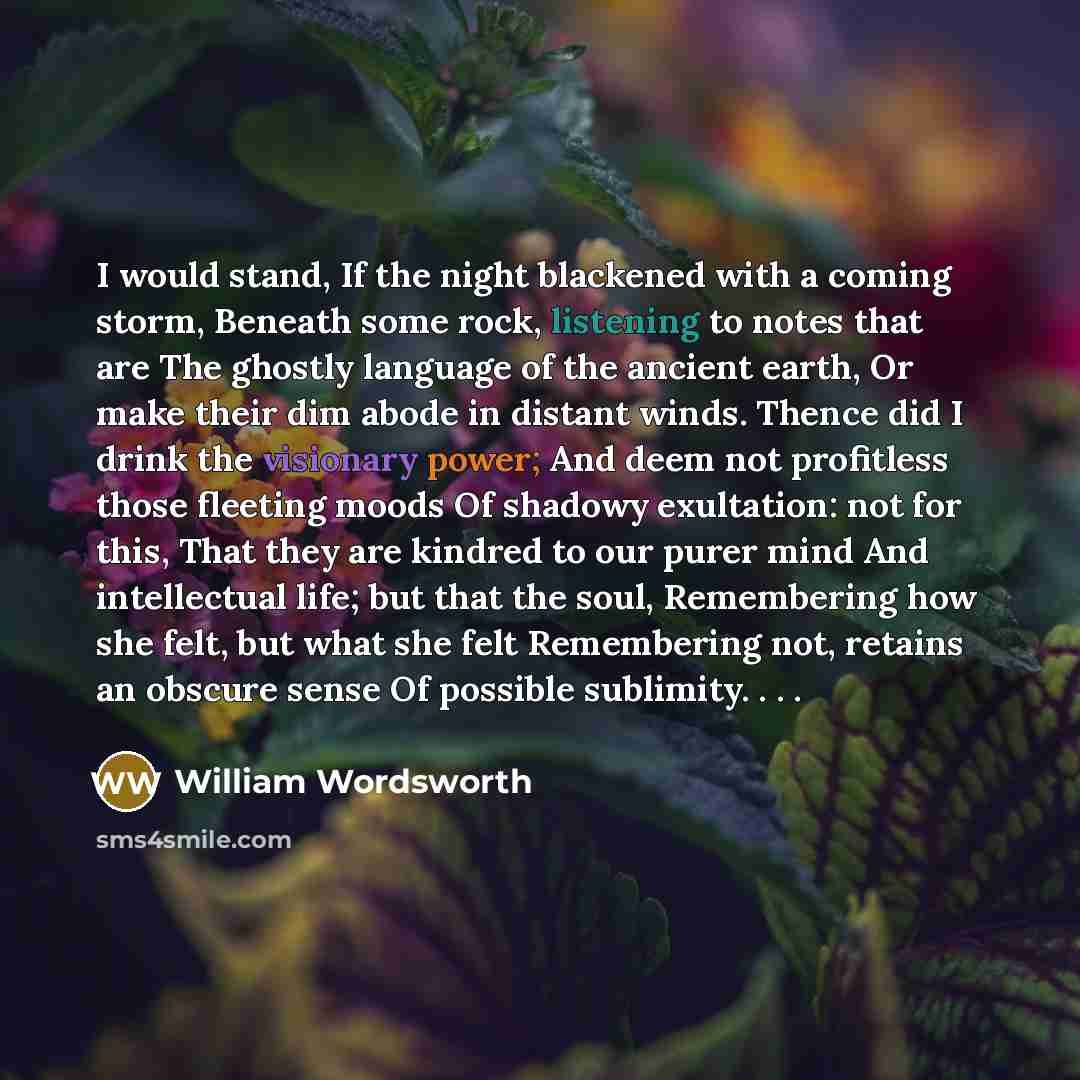 “I would stand, If the night blackened with a coming storm, Beneath some rock, listening to notes that are The ghostly language of the ancient earth, Or make their dim abode in distant winds. Thence did I drink the visionary power; And deem not profitless those fleeting moods Of shadowy exultation…” quote by William Wordsworth