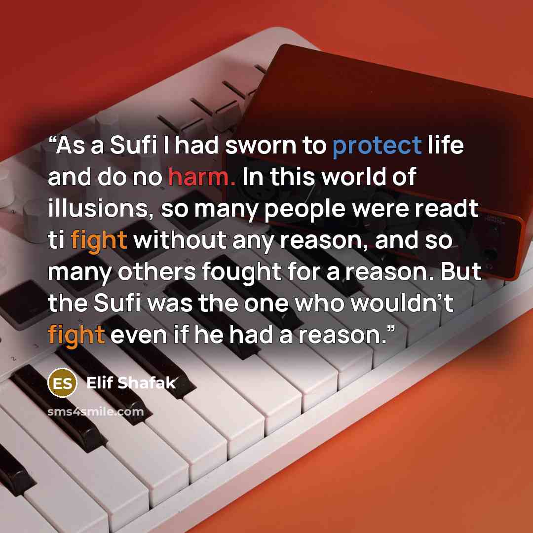 “As a Sufi I had sworn to protect life and do no harm. In this world of illusions, so many people were readt ti fight without any reason, and so many others fought for a reason. But the Sufi was the one who wouldn't fight even if he had a reason.” quote by Elif Shafak