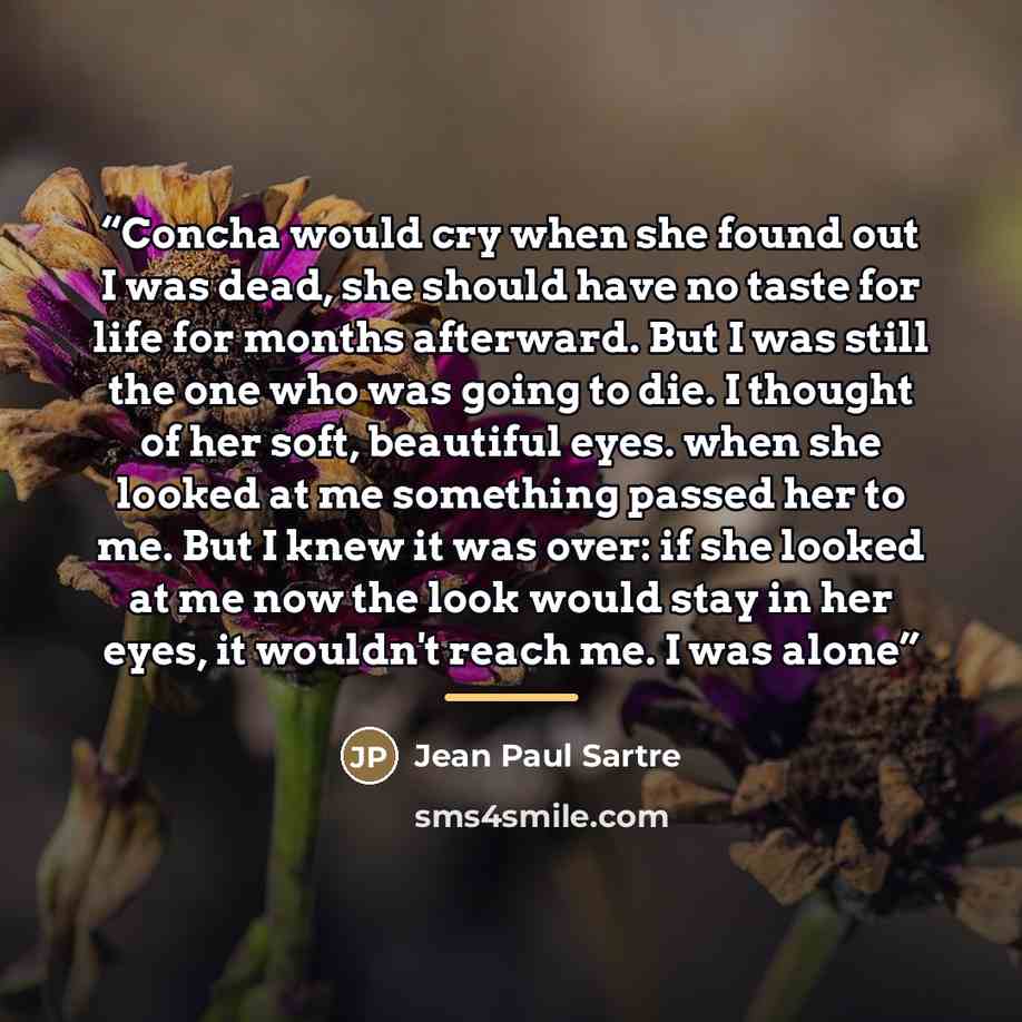 “Concha would cry when she found out I was dead, she should have no taste for life for months afterward. But I was still the one who was going to die. I thought of her soft, beautiful eyes. when she looked at me something passed her to me. But I knew it was over: if she looked at me now the look…” quote by Jean Paul Sartre