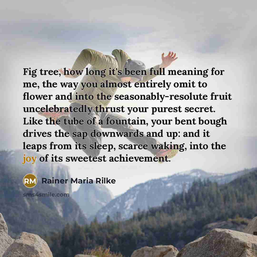 “Fig tree, how long it's been full meaning for me, the way you almost entirely omit to flower and into the seasonably-resolute fruit uncelebratedly thrust your purest secret. Like the tube of a fountain, your bent bough drives the sap downwards and up: and it leaps from its sleep, scarce waking…” quote by Rainer Maria Rilke