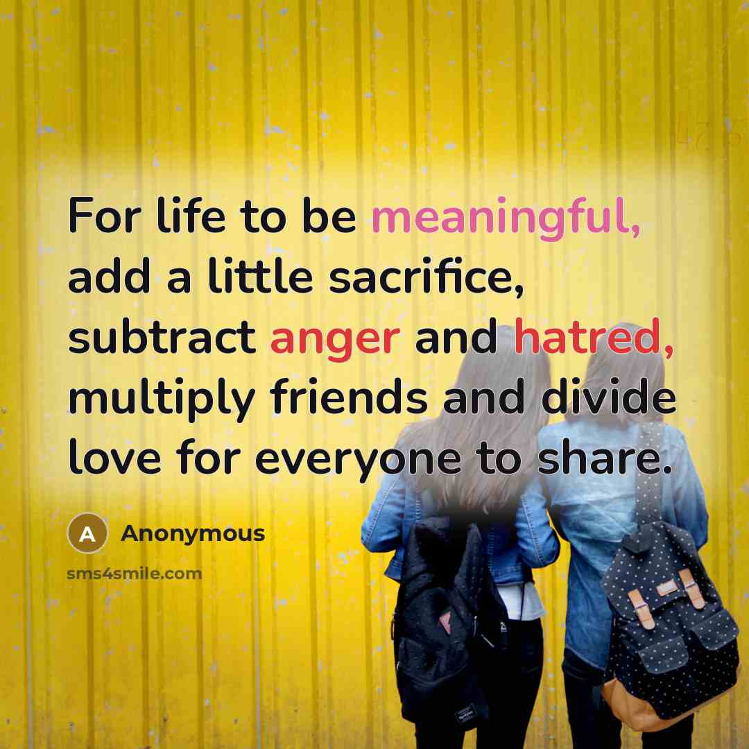 “For life to be meaningful, add a little sacrifice, subtract anger and hatred, multiply friends and divide love for everyone to share.” quote by Anonymous