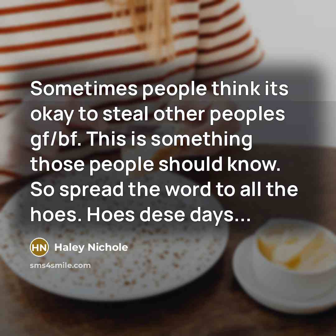 “Sometimes people think its okay to steal other peoples gf/bf. This is something those people should know. So spread the word to all the hoes. Hoes dese days...” quote by Haley Nichole