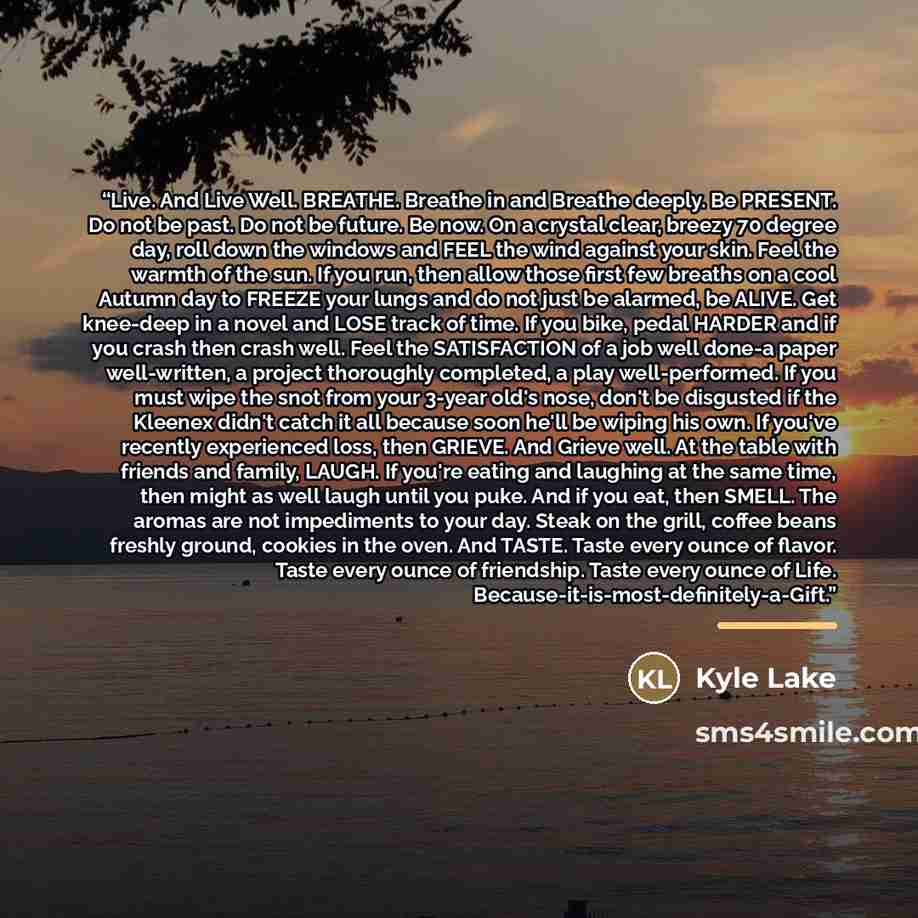 “Live. And Live Well. BREATHE. Breathe in and Breathe deeply. Be PRESENT. Do not be past. Do not be future. Be now. On a crystal clear, breezy 70 degree day, roll down the windows and FEEL the wind against your skin. Feel the warmth of the sun. If you run, then allow those first few breaths on a…” quote by Kyle Lake