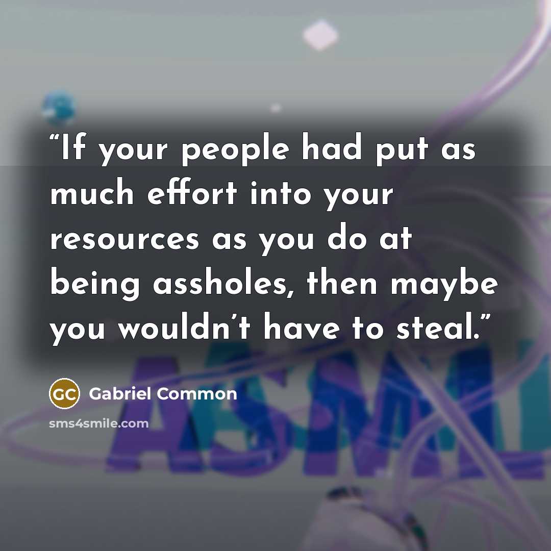 “If your people had put as much effort into your resources as you do at being assholes, then maybe you wouldn’t have to steal.” quote by Gabriel Common