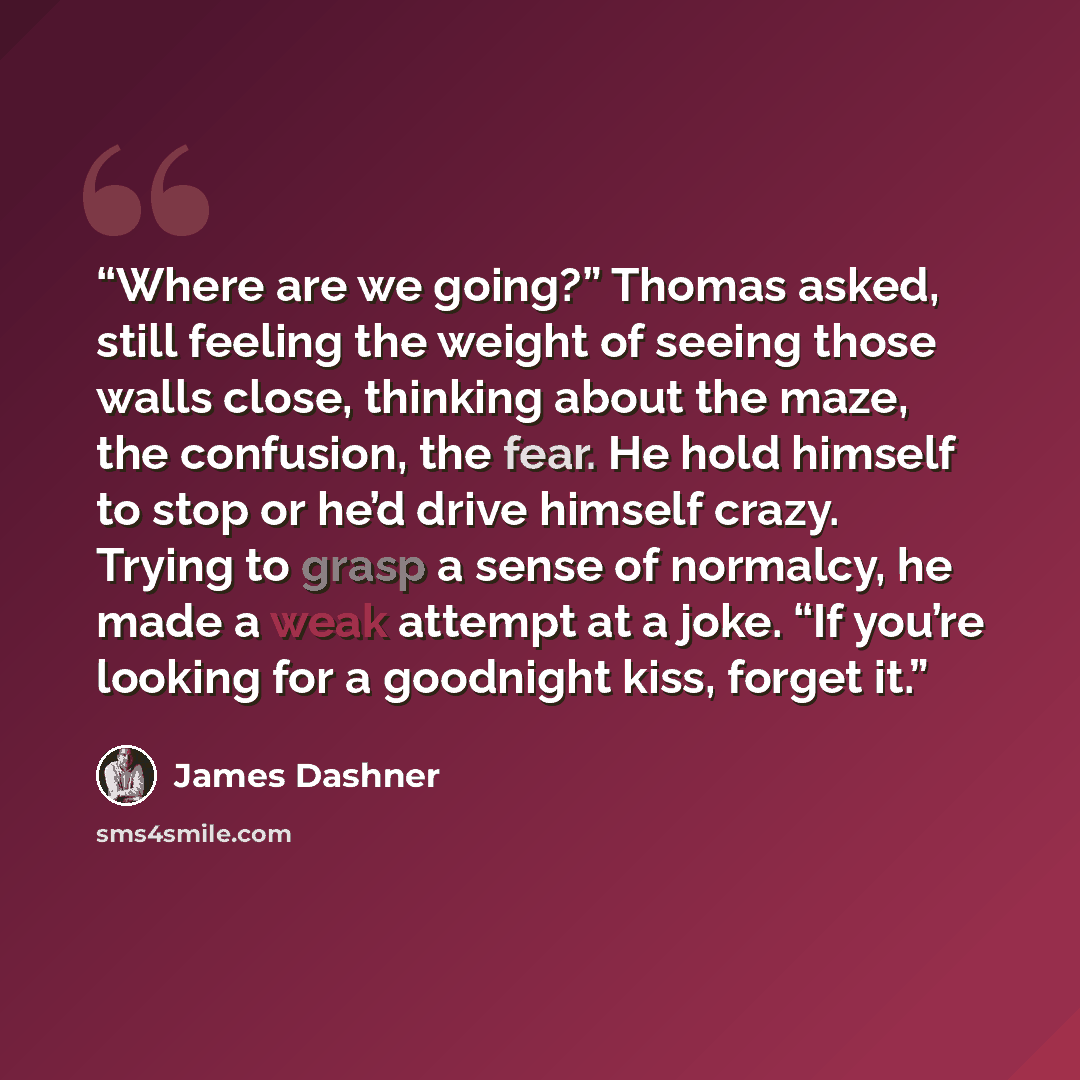 “Where are we going?” Thomas asked, still feeling the weight of seeing those walls close, thinking about the maze, the confusion, the fear. He hold himself to stop or he’d drive himself crazy. Trying to grasp a sense of normalcy, he made a weak attempt at a joke. “If you’re looking for a goodnight…” quote by James Dashner