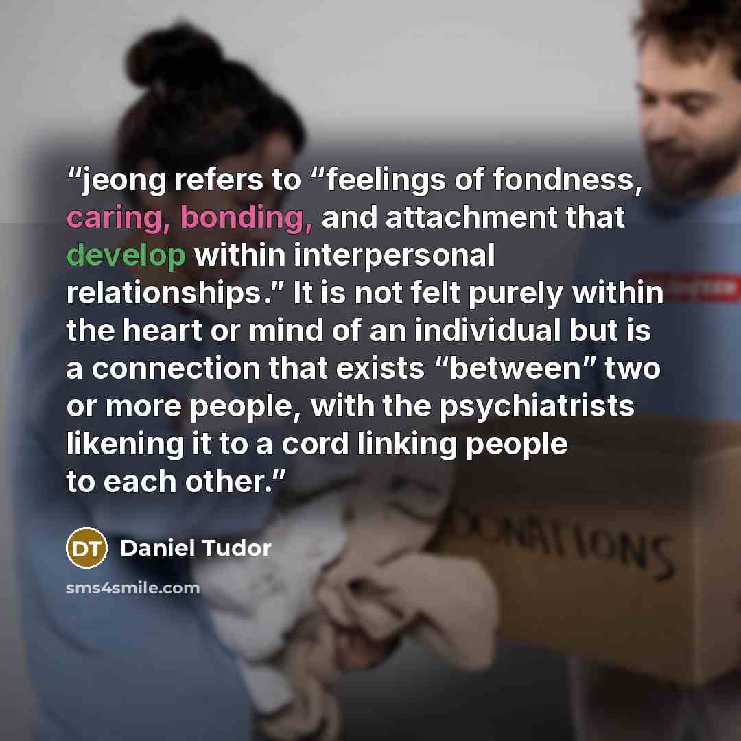 “jeong refers to “feelings of fondness, caring, bonding, and attachment that develop within interpersonal relationships.” It is not felt purely within the heart or mind of an individual but is a connection that exists “between” two or more people, with the psychiatrists likening it to a cord…” quote by Daniel Tudor