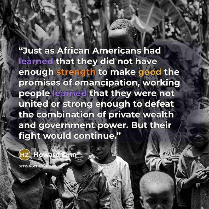 “Just as African Americans had learned that they did not have enough strength to make good the promises of emancipation, working people learned that they were not united or strong enough to defeat the combination of private wealth and government power. But their fight would continue.” quote by Howard Zinn