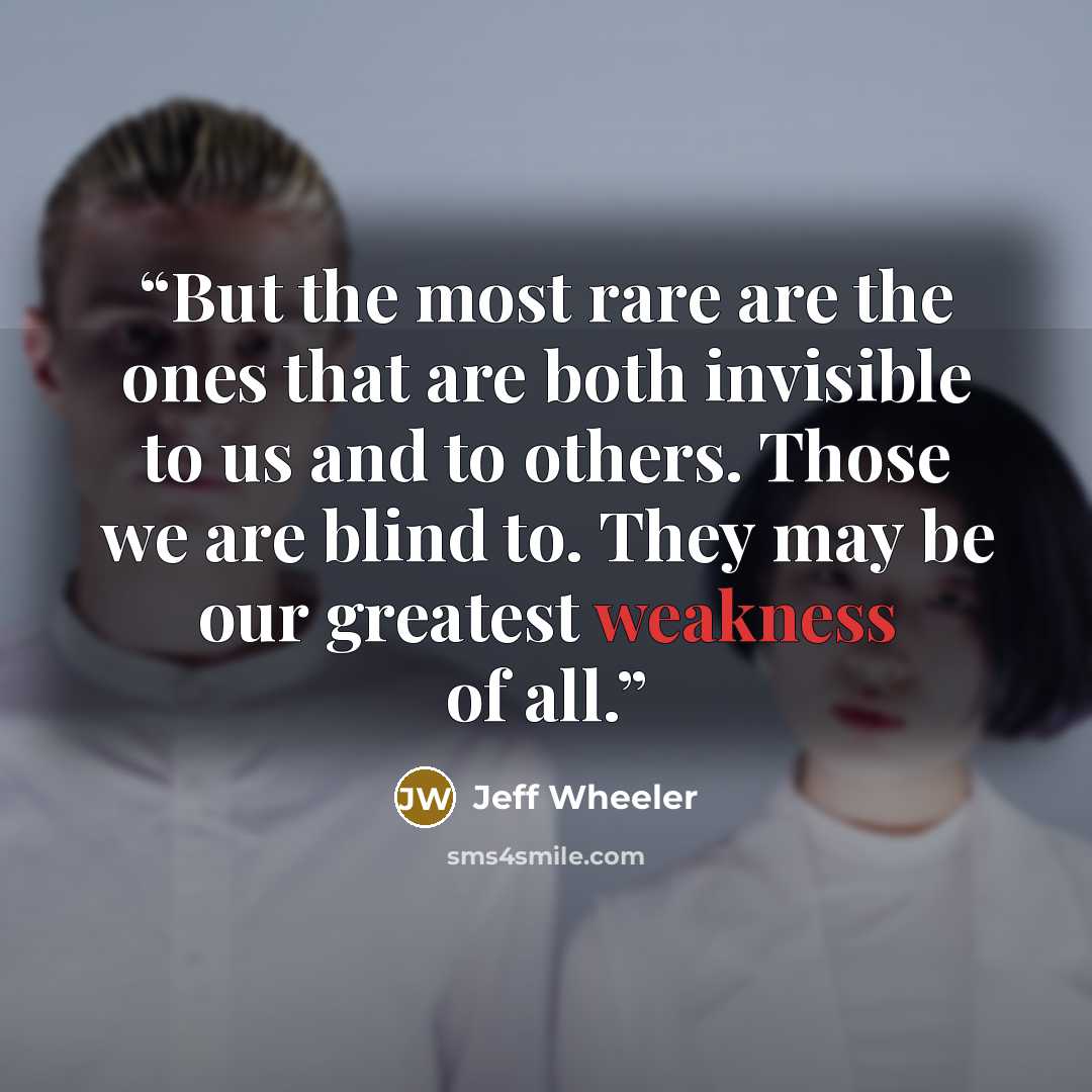 “But the most rare are the ones that are both invisible to us and to others. Those we are blind to. They may be our greatest weakness of all.” quote by Jeff Wheeler