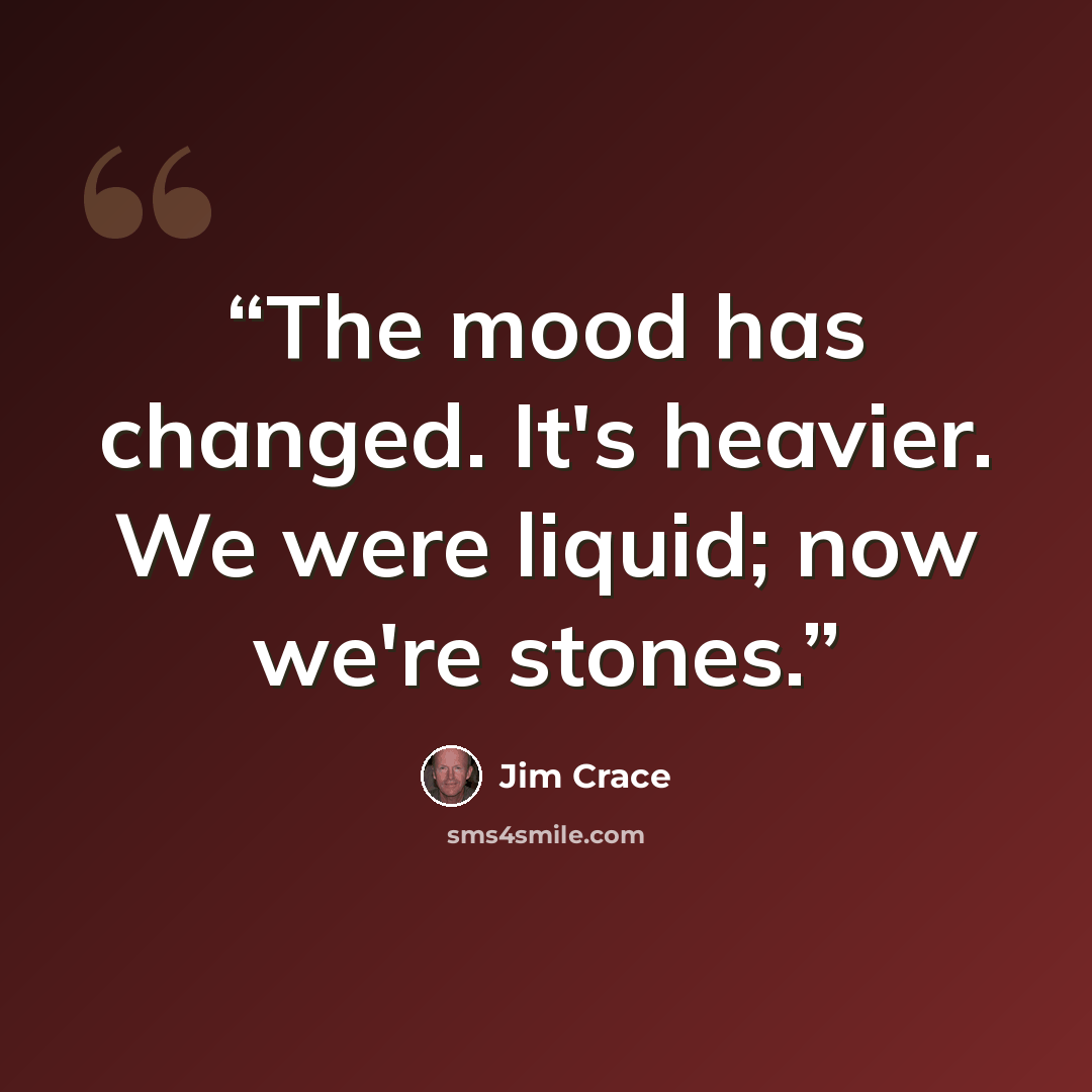 “The mood has changed. It's heavier. We were liquid; now we're stones.” quote by Jim Crace