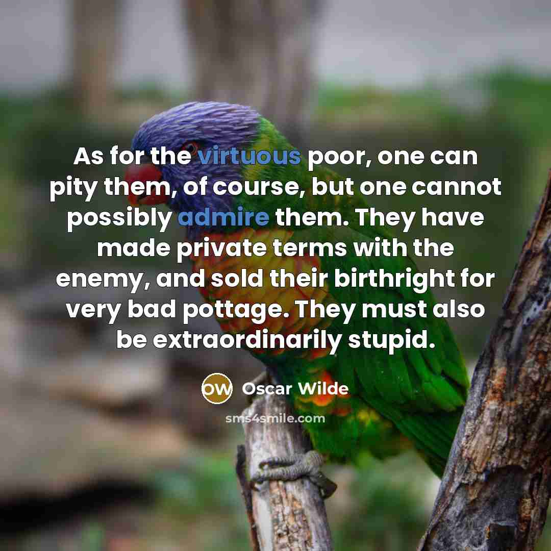 “As for the virtuous poor, one can pity them, of course, but one cannot possibly admire them. They have made private terms with the enemy, and sold their birthright for very bad pottage. They must also be extraordinarily stupid.” quote by Oscar Wilde