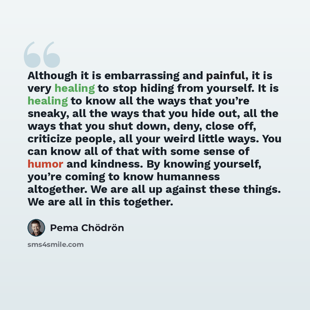 “Although it is embarrassing and painful, it is very healing to stop hiding from yourself. It is healing to know all the ways that you’re sneaky, all the ways that you hide out, all the ways that you shut down, deny, close off, criticize people, all your weird little ways. You can know all of that…” quote by Pema Chodron