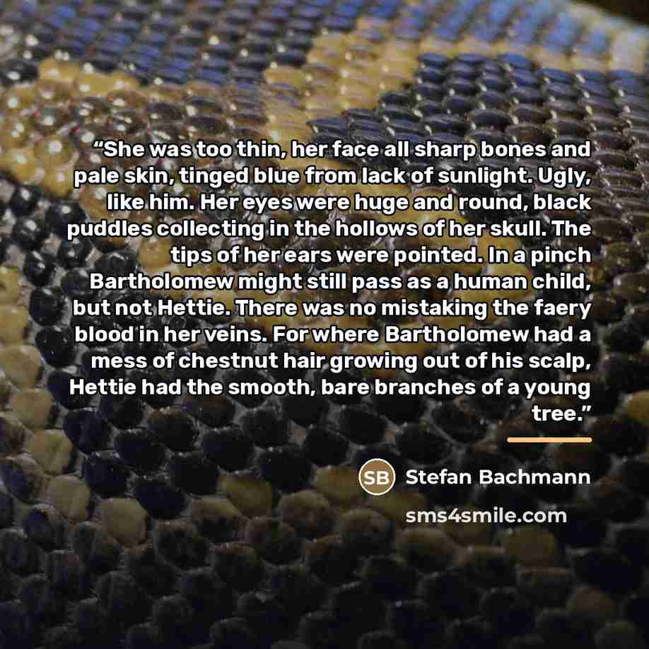 “She was too thin, her face all sharp bones and pale skin, tinged blue from lack of sunlight. Ugly, like him. Her eyes were huge and round, black puddles collecting in the hollows of her skull. The tips of her ears were pointed. In a pinch Bartholomew might still pass as a human child, but not…” quote by Stefan Bachmann