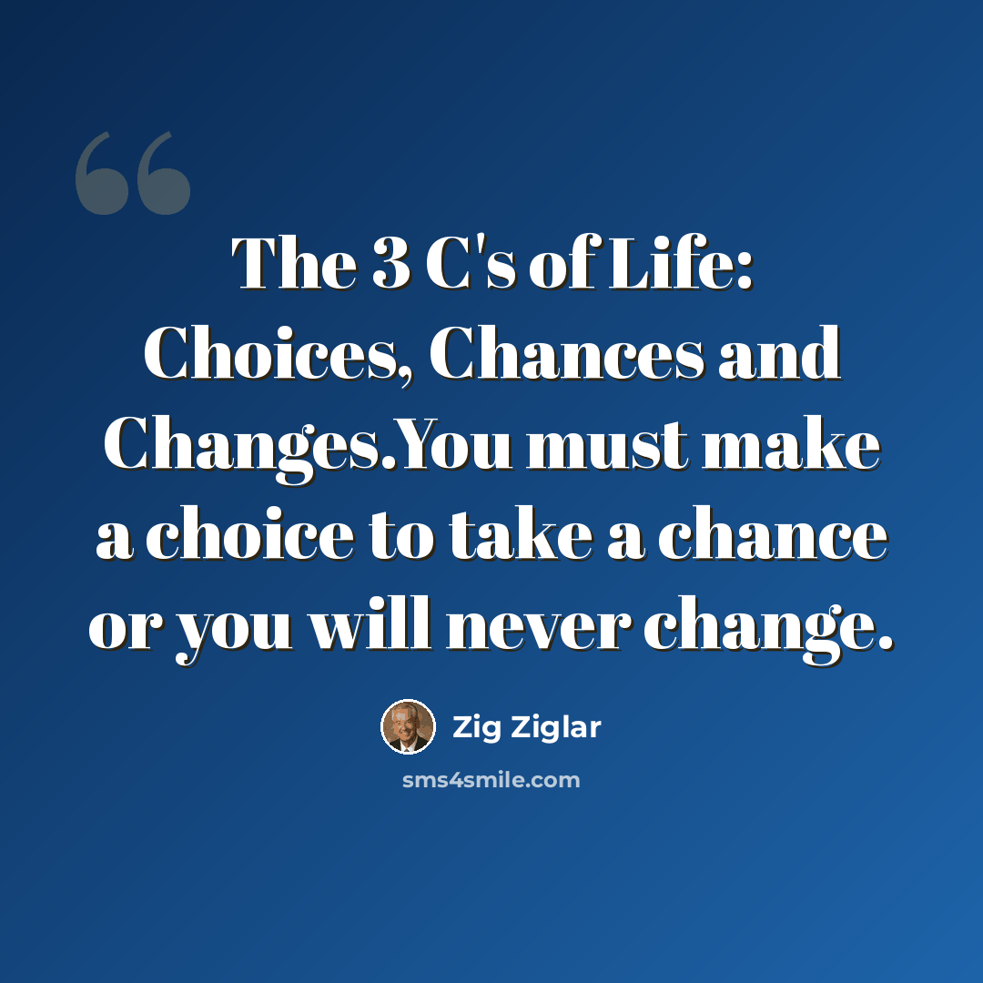 “The 3 C's of Life: Choices, Chances and Changes.You must make a choice to take a chance or you will never change.” quote by Zig Ziglar