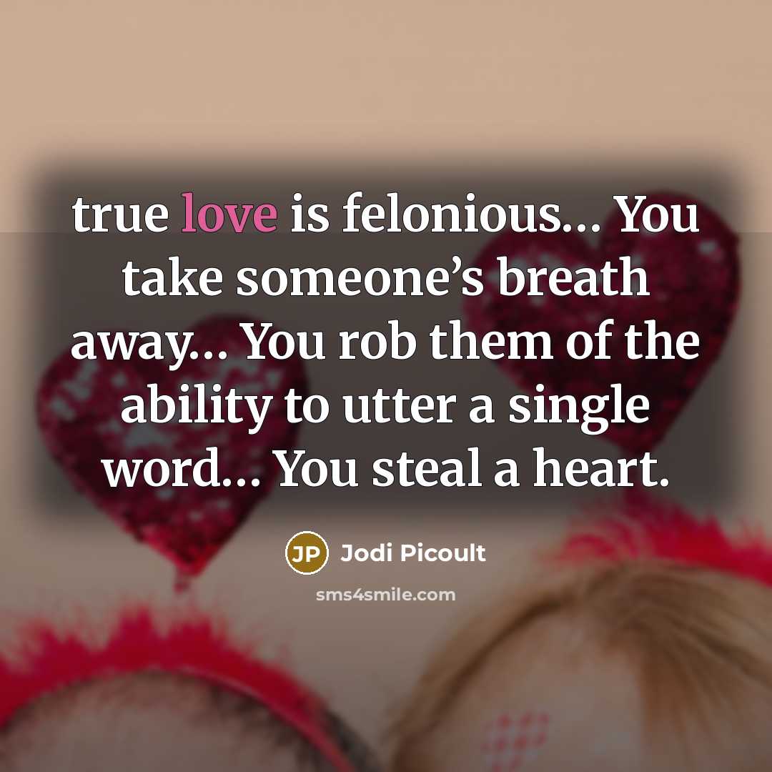 “true love is felonious… You take someone’s breath away… You rob them of the ability to utter a single word… You steal a heart.” quote by Jodi Picoult