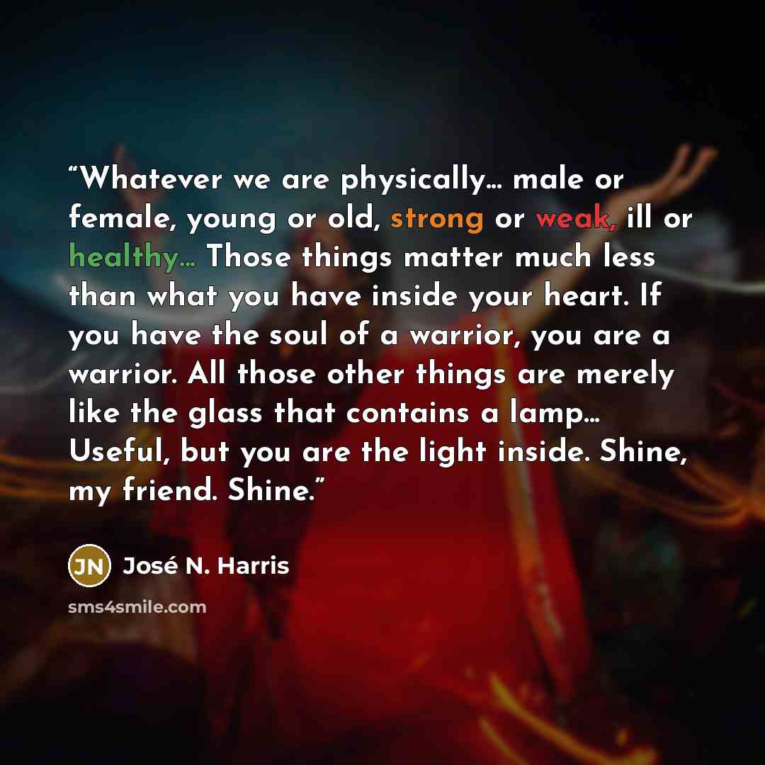 “Whatever we are physically... male or female, young or old, strong or weak, ill or healthy... Those things matter much less than what you have inside your heart. If you have the soul of a warrior, you are a warrior. All those other things are merely like the glass that contains a lamp... Useful…” quote by José N. Harris