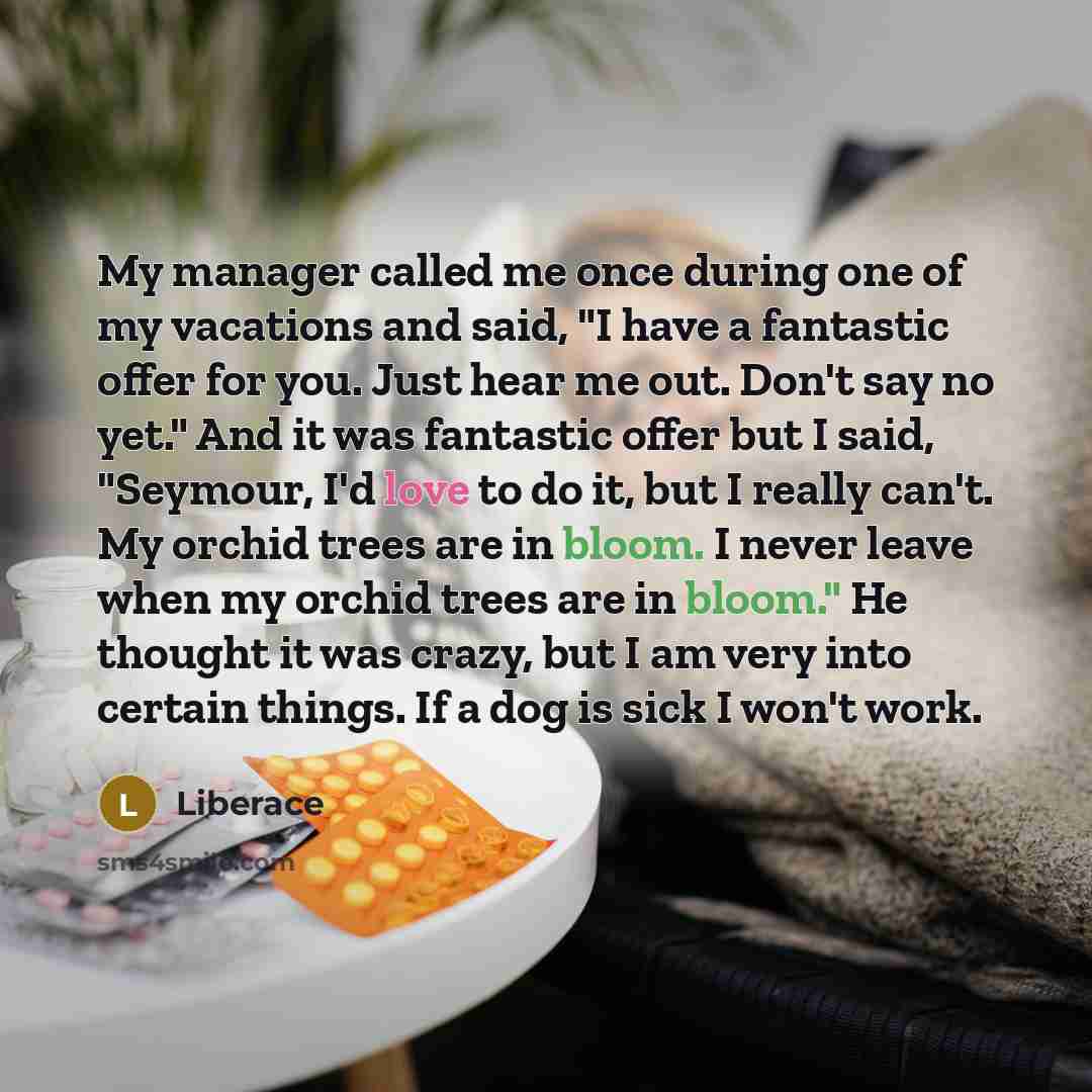 “My manager called me once during one of my vacations and said, "I have a fantastic offer for you. Just hear me out. Don't say no yet." And it was fantastic offer but I said, "Seymour, I'd love to do it, but I really can't. My orchid trees are in bloom. I never leave when my orchid trees are in…” quote by Liberace