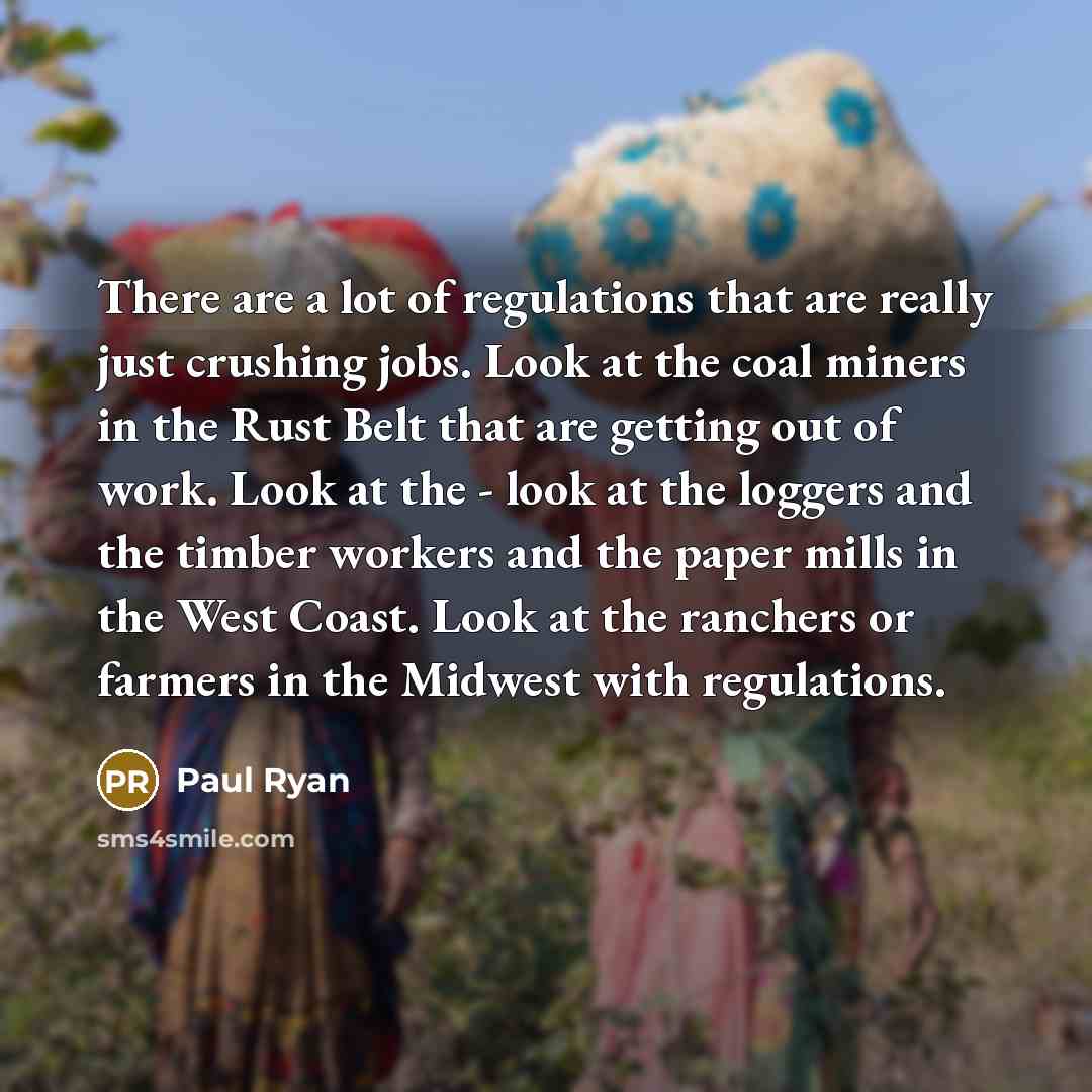 “There are a lot of regulations that are really just crushing jobs. Look at the coal miners in the Rust Belt that are getting out of work. Look at the - look at the loggers and the timber workers and the paper mills in the West Coast. Look at the ranchers or farmers in the Midwest with regulations.” quote by Paul Ryan
