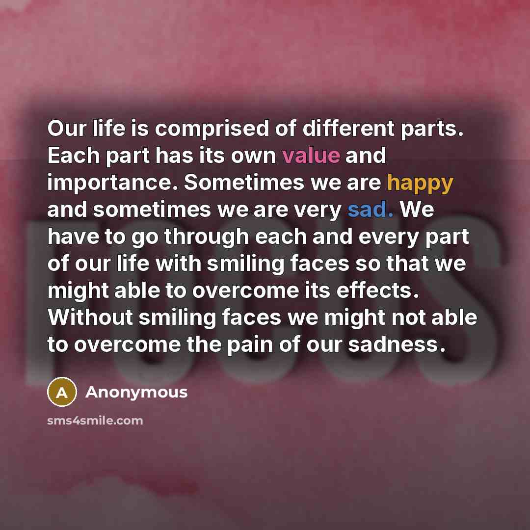 “Our life is comprised of different parts. Each part has its own value and importance. Sometimes we are happy and sometimes we are very sad. We have to go through each and every part of our life with smiling faces so that we might able to overcome its effects. Without smiling faces we might not…” quote by Anonymous