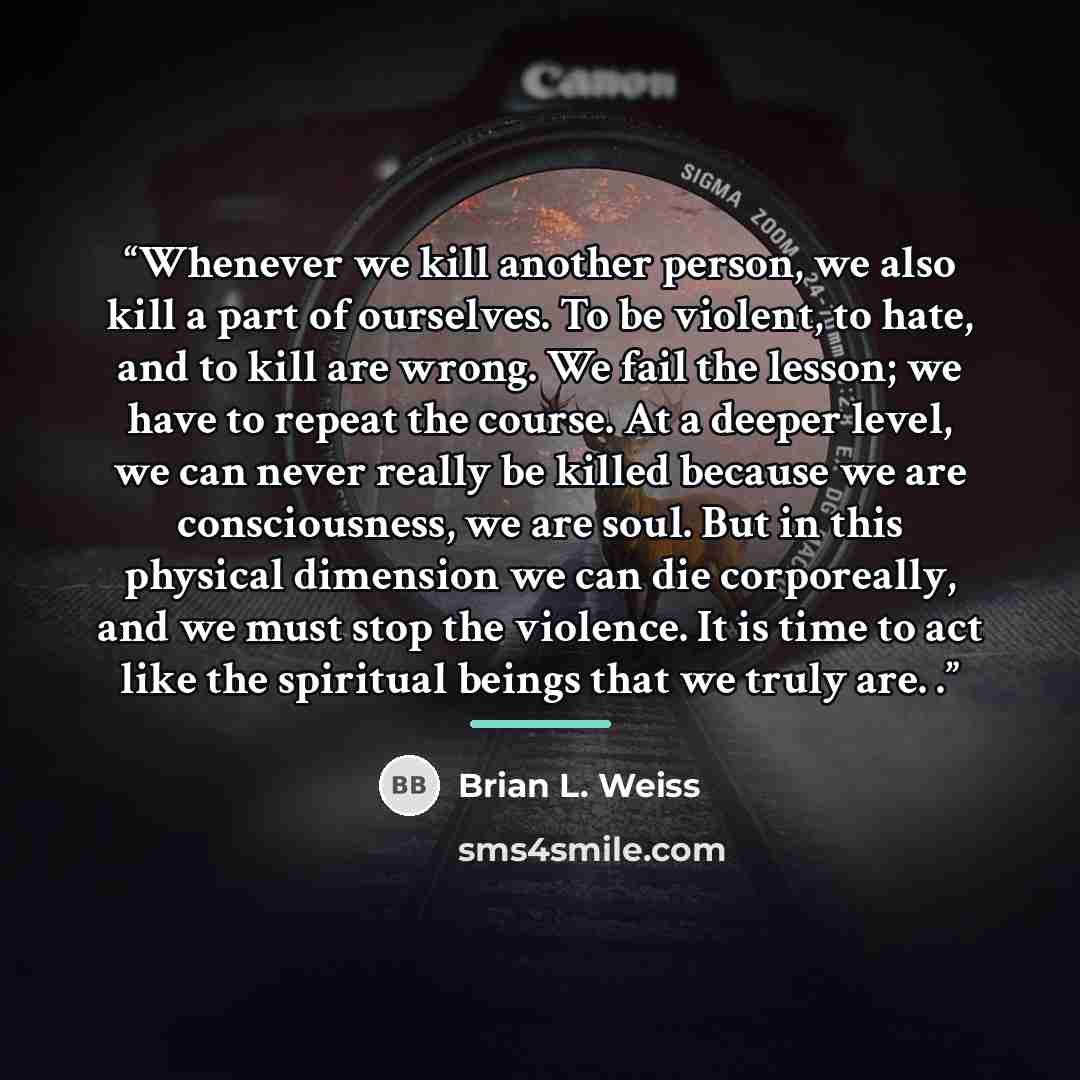 “Whenever we kill another person, we also kill a part of ourselves. To be violent, to hate, and to kill are wrong. We fail the lesson; we have to repeat the course. At a deeper level, we can never really be killed because we are consciousness, we are soul. But in this physical dimension we can die…” quote by Brian L. Weiss