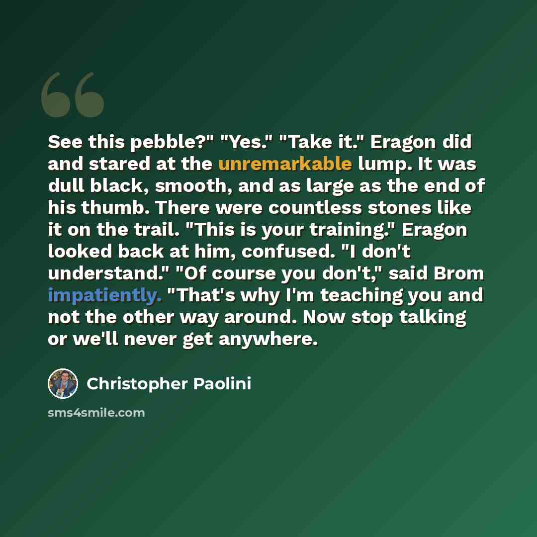 “See this pebble?" "Yes." "Take it." Eragon did and stared at the unremarkable lump. It was dull black, smooth, and as large as the end of his thumb. There were countless stones like it on the trail. "This is your training." Eragon looked back at him, confused. "I don't understand." "Of course you…” quote by Christopher Paolini