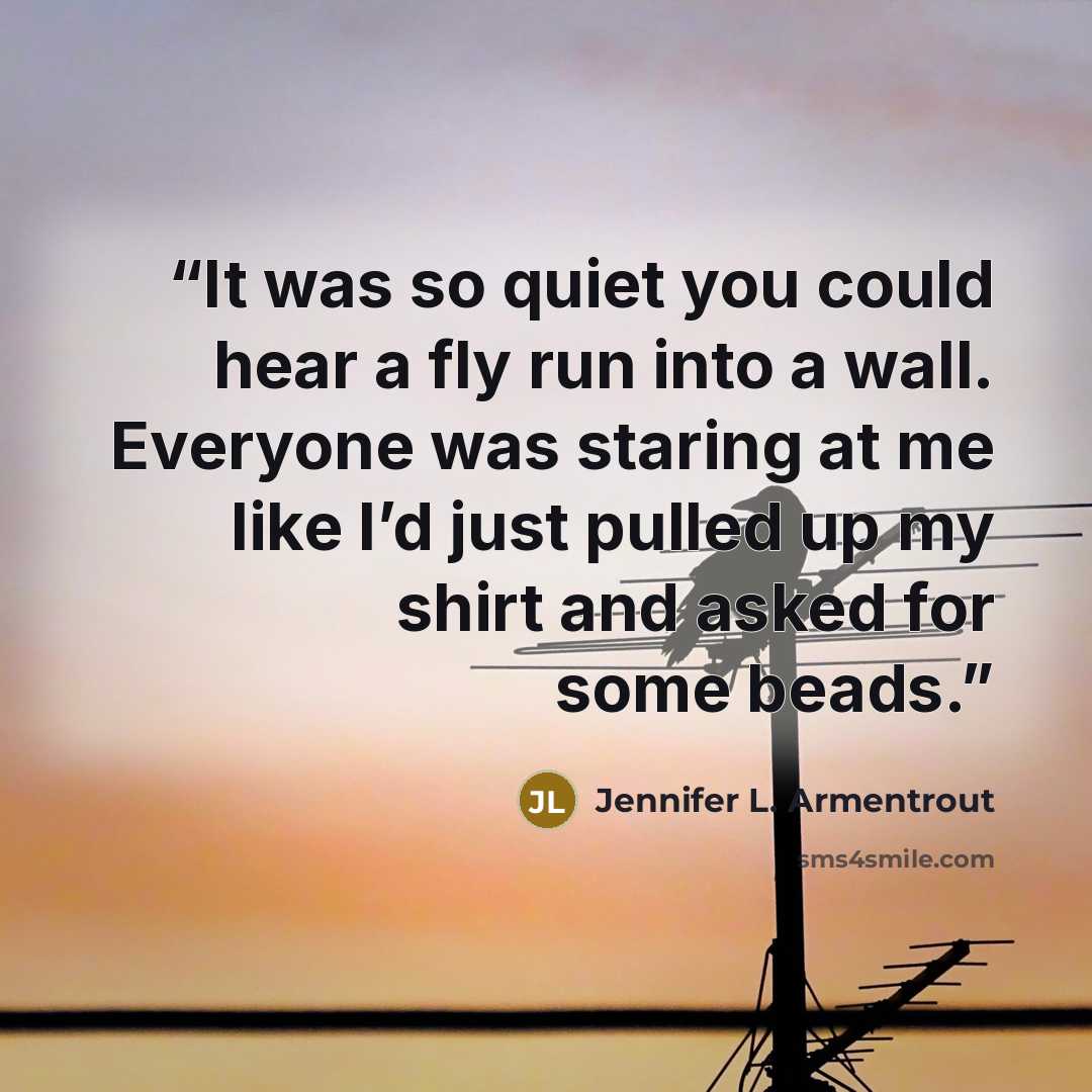 “It was so quiet you could hear a fly run into a wall. Everyone was staring at me like I’d just pulled up my shirt and asked for some beads.” quote by Jennifer L. Armentrout