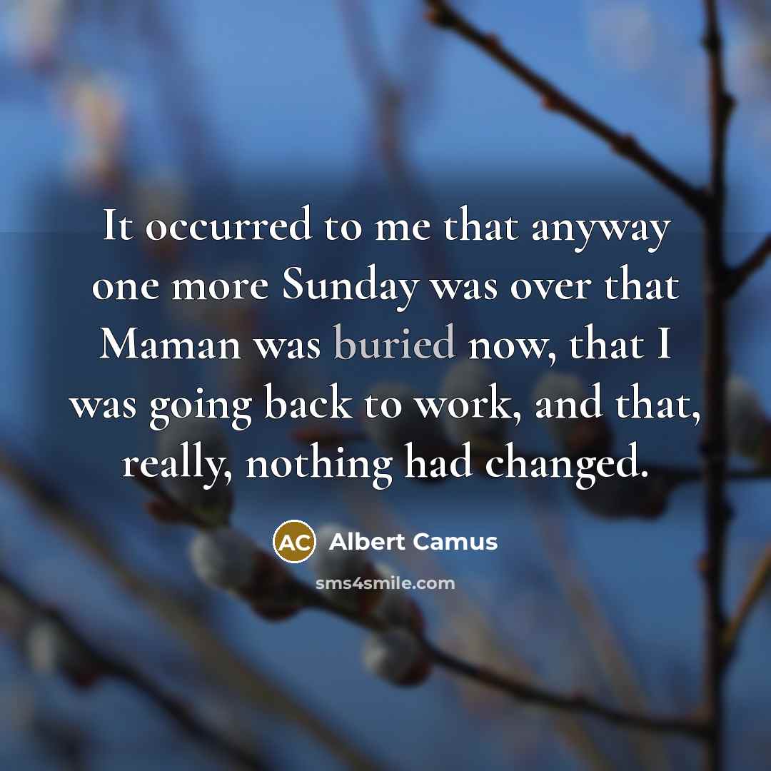 “It occurred to me that anyway one more Sunday was over that Maman was buried now, that I was going back to work, and that, really, nothing had changed.” quote by Albert Camus