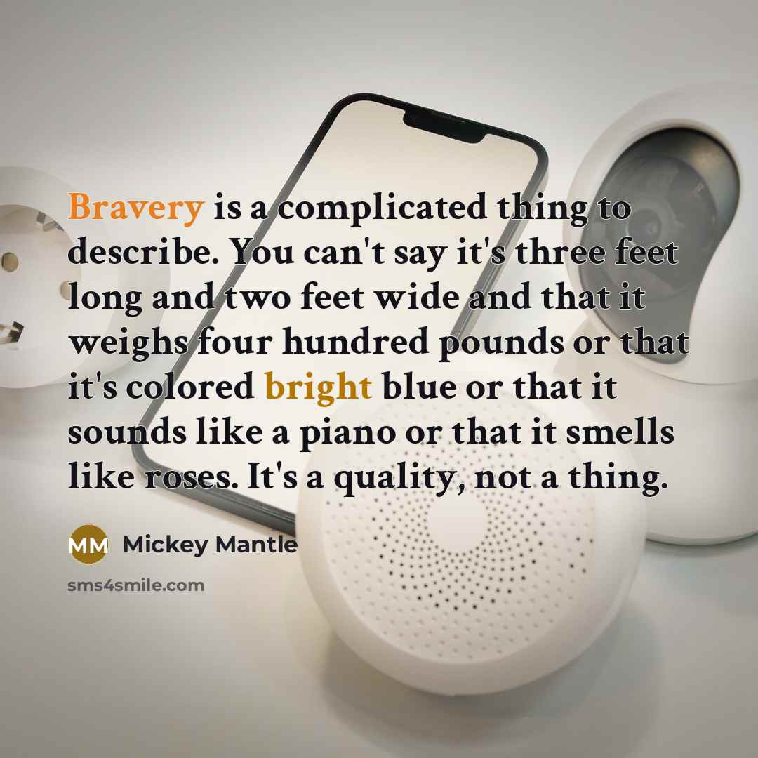“Bravery is a complicated thing to describe. You can't say it's three feet long and two feet wide and that it weighs four hundred pounds or that it's colored bright blue or that it sounds like a piano or that it smells like roses. It's a quality, not a thing.” quote by Mickey Mantle