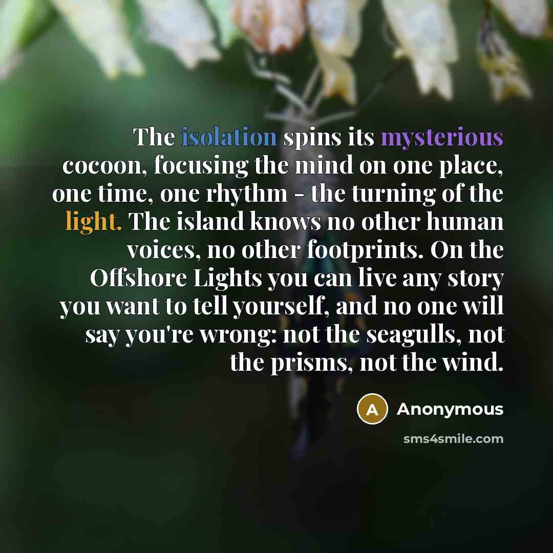 “The isolation spins its mysterious cocoon, focusing the mind on one place, one time, one rhythm - the turning of the light. The island knows no other human voices, no other footprints. On the Offshore Lights you can live any story you want to tell yourself, and no one will say you're wrong: not…” quote by Anonymous