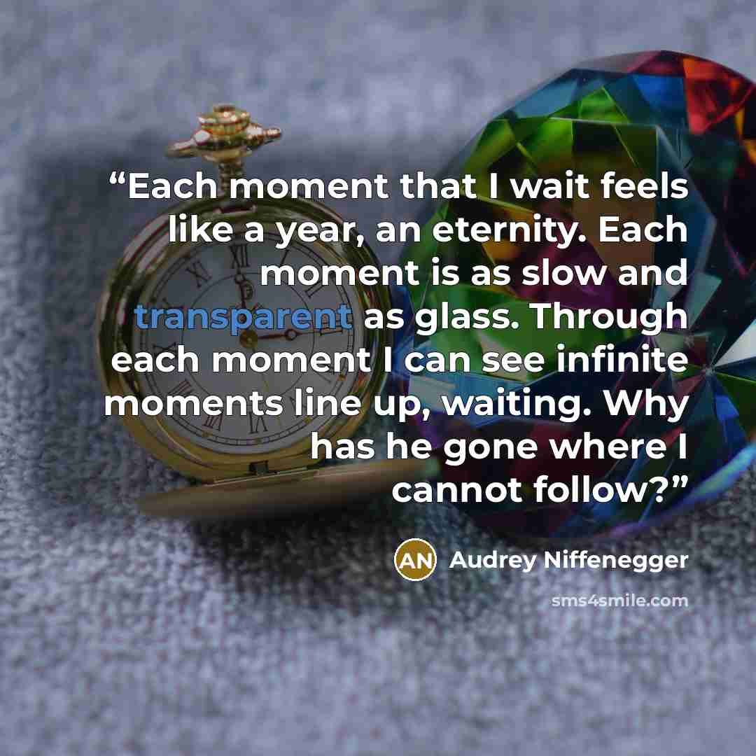 “Each moment that I wait feels like a year, an eternity. Each moment is as slow and transparent as glass. Through each moment I can see infinite moments line up, waiting. Why has he gone where I cannot follow?” quote by Audrey Niffenegger