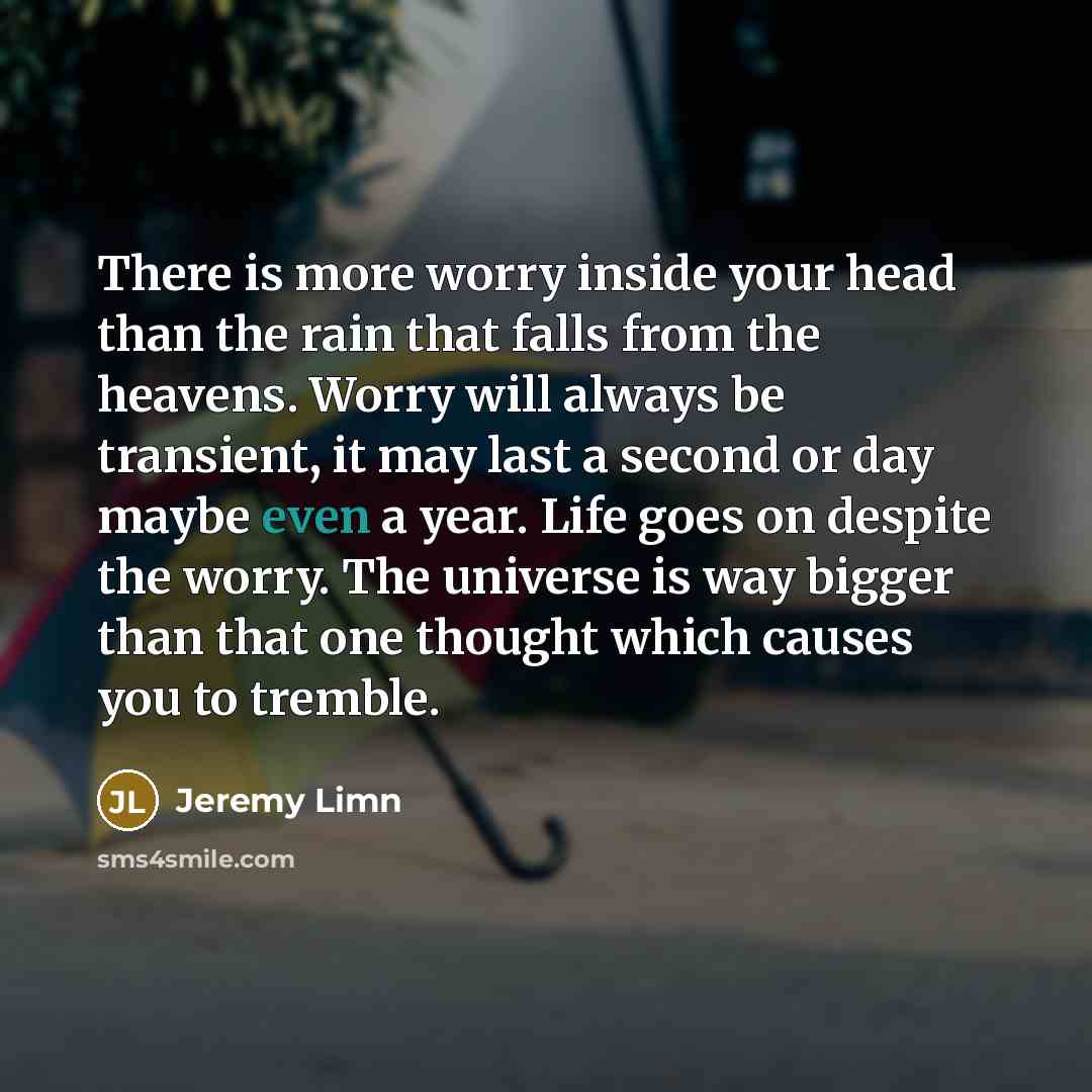 “There is more worry inside your head than the rain that falls from the heavens. Worry will always be transient, it may last a second or day maybe even a year. Life goes on despite the worry. The universe is way bigger than that one thought which causes you to tremble.” quote by Jeremy Limn