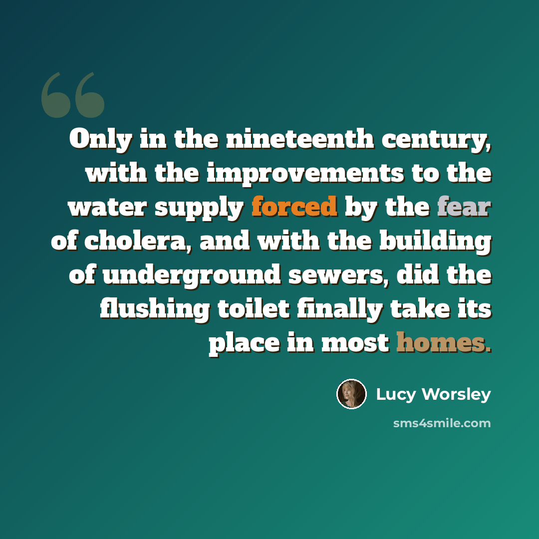 “Only in the nineteenth century, with the improvements to the water supply forced by the fear of cholera, and with the building of underground sewers, did the flushing toilet finally take its place in most homes.” quote by Lucy Worsley