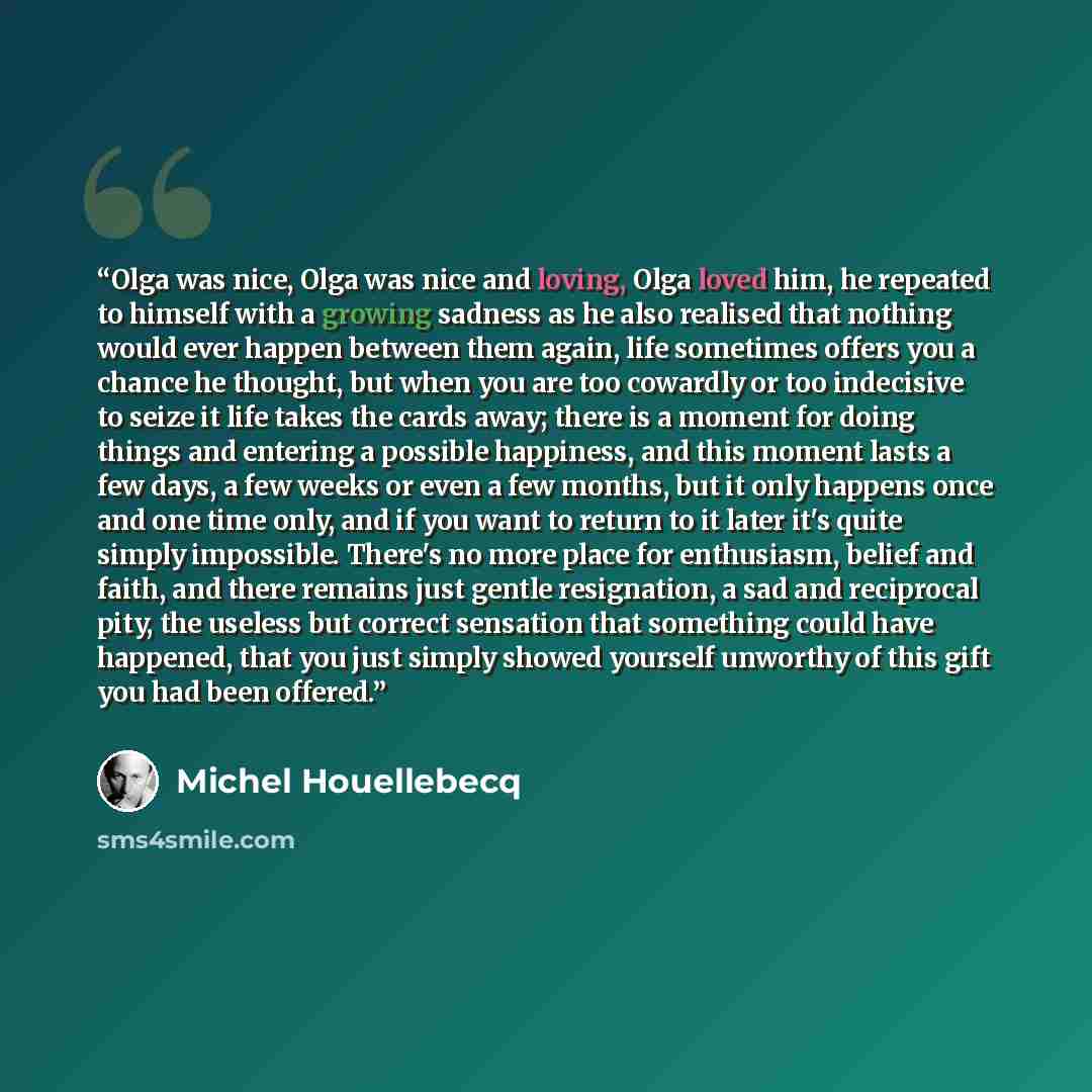 “Olga was nice, Olga was nice and loving, Olga loved him, he repeated to himself with a growing sadness as he also realised that nothing would ever happen between them again, life sometimes offers you a chance he thought, but when you are too cowardly or too indecisive to seize it life takes the…” quote by Michel Houellebecq