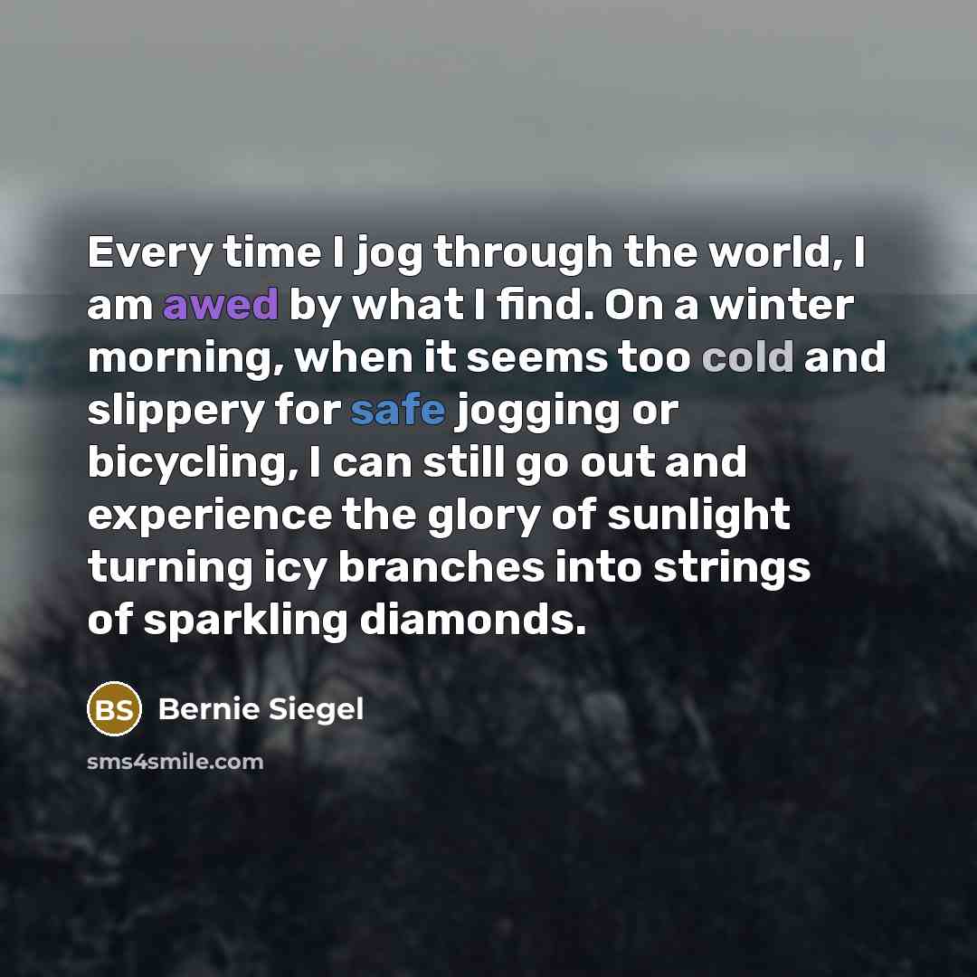 “Every time I jog through the world, I am awed by what I find. On a winter morning, when it seems too cold and slippery for safe jogging or bicycling, I can still go out and experience the glory of sunlight turning icy branches into strings of sparkling diamonds.” quote by Bernie Siegel