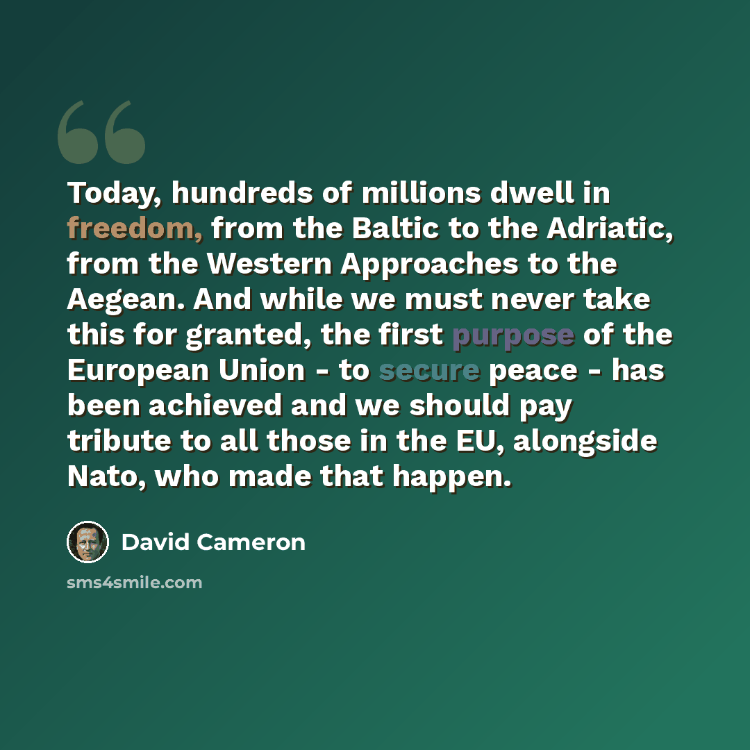 “Today, hundreds of millions dwell in freedom, from the Baltic to the Adriatic, from the Western Approaches to the Aegean. And while we must never take this for granted, the first purpose of the European Union - to secure peace - has been achieved and we should pay tribute to all those in the EU…” quote by David Cameron