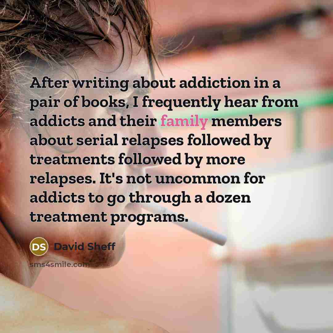 “After writing about addiction in a pair of books, I frequently hear from addicts and their family members about serial relapses followed by treatments followed by more relapses. It's not uncommon for addicts to go through a dozen treatment programs.” quote by David Sheff