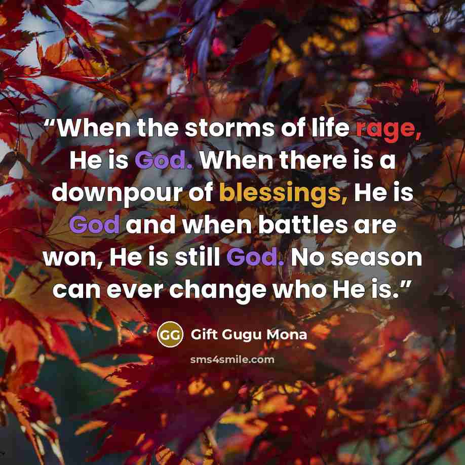 “When the storms of life rage, He is God. When there is a downpour of blessings, He is God and when battles are won, He is still God. No season can ever change who He is.” quote by Gift Gugu Mona