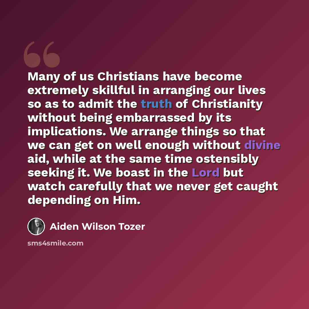 “Many of us Christians have become extremely skillful in arranging our lives so as to admit the truth of Christianity without being embarrassed by its implications. We arrange things so that we can get on well enough without divine aid, while at the same time ostensibly seeking it. We boast in the…” quote by Aiden Wilson Tozer