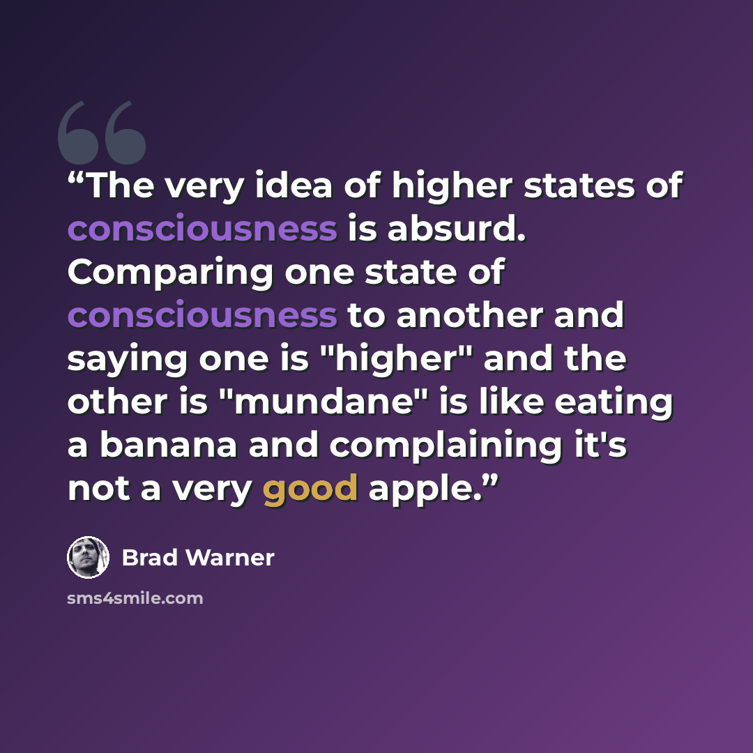 “The very idea of higher states of consciousness is absurd. Comparing one state of consciousness to another and saying one is "higher" and the other is "mundane" is like eating a banana and complaining it's not a very good apple.” quote by Brad Warner