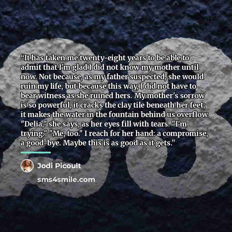 “It has taken me twenty-eight years to be able to admit that I'm glad I did not know my mother until now. Not because, as my father suspected, she would ruin my life, but because this way, I did not have to bear witness as she ruined hers. My mother's sorrow is so powerful, it cracks the clay tile…” quote by Jodi Picoult