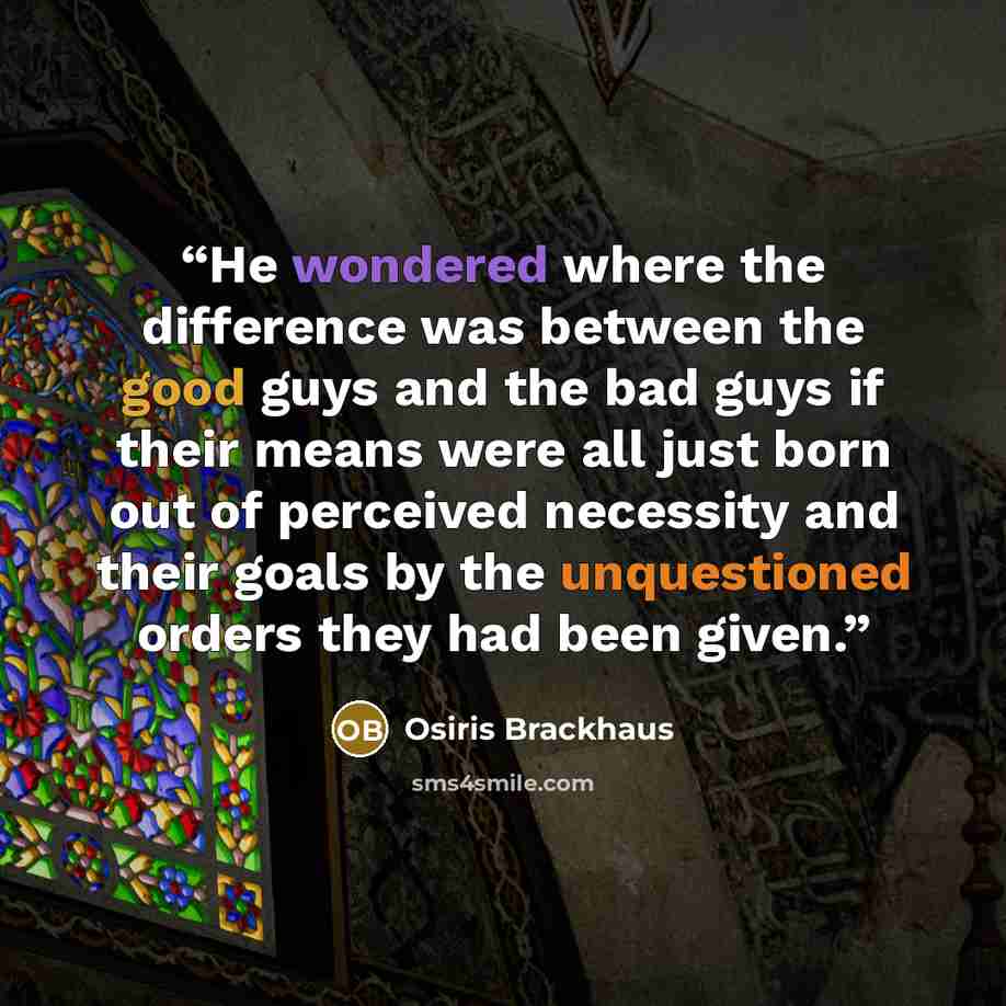 “He wondered where the difference was between the good guys and the bad guys if their means were all just born out of perceived necessity and their goals by the unquestioned orders they had been given.” quote by Osiris Brackhaus