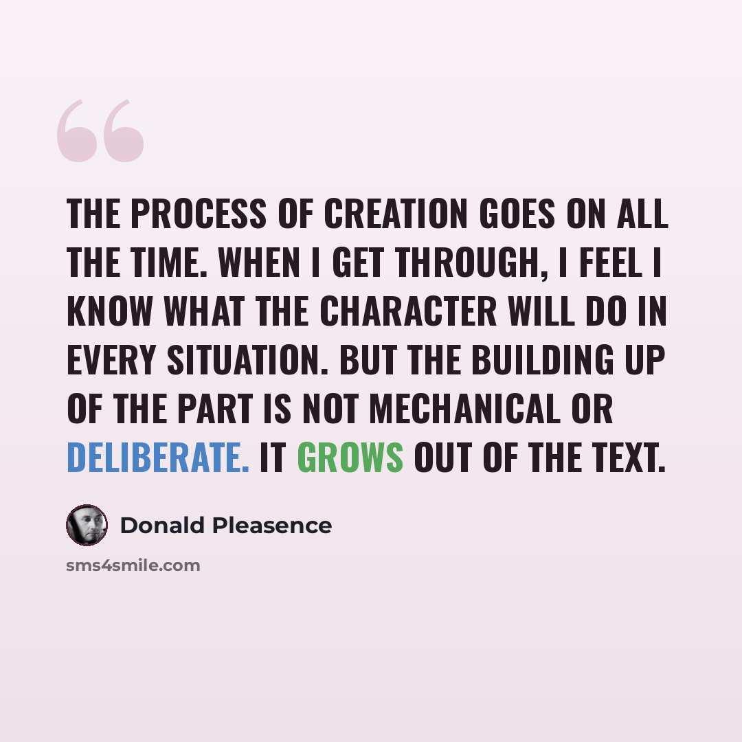 “The process of creation goes on all the time. When I get through, I feel I know what the character will do in every situation. But the building up of the part is not mechanical or deliberate. It grows out of the text.” quote by Donald Pleasence