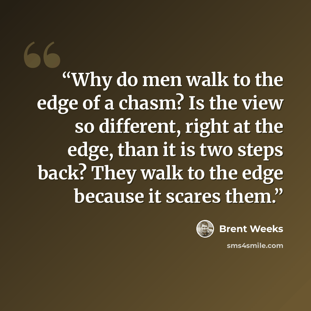 “Why do men walk to the edge of a chasm? Is the view so different, right at the edge, than it is two steps back? They walk to the edge because it scares them.” quote by Brent Weeks